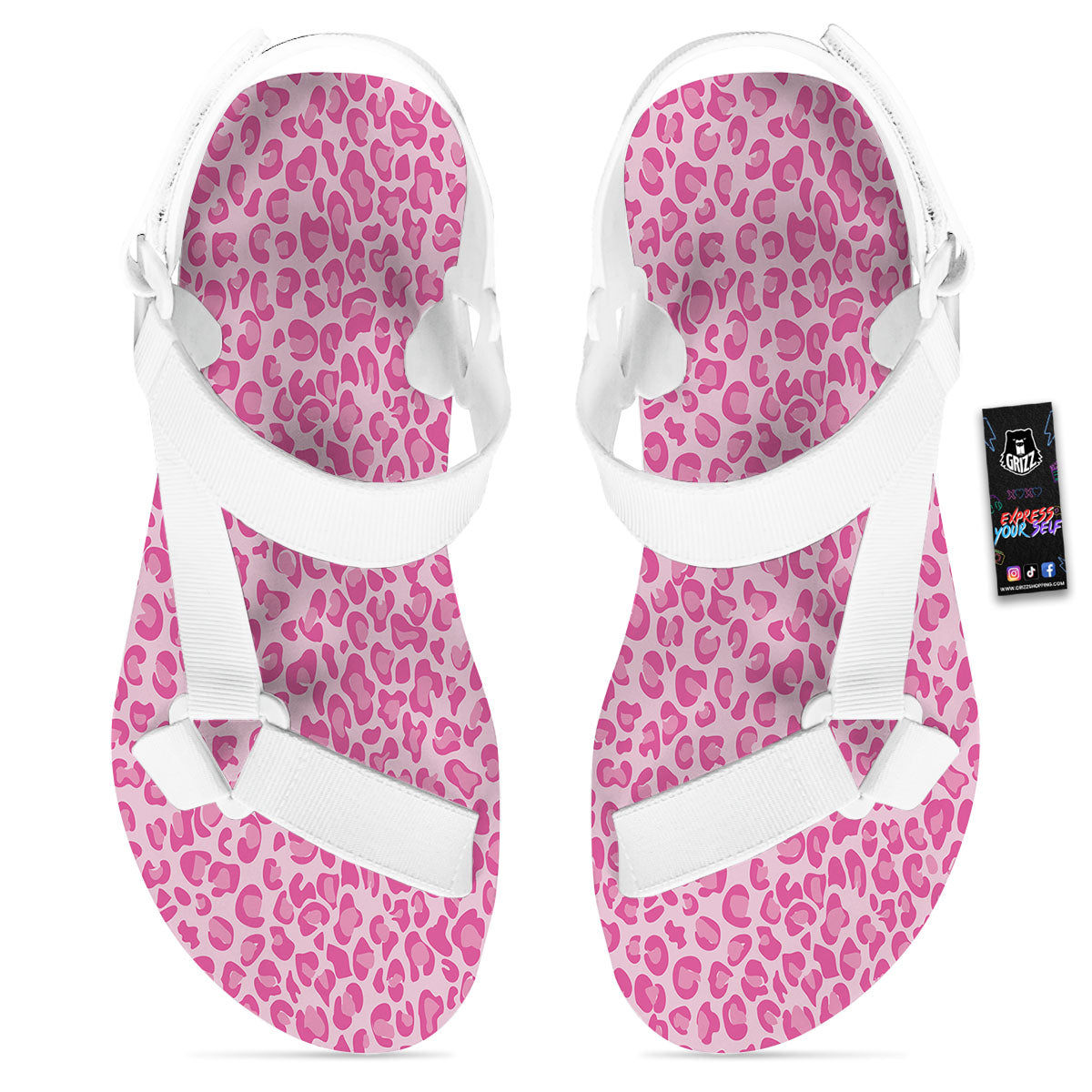 Leopard Pink Print Pattern White Open Toe Sandals-grizzshop