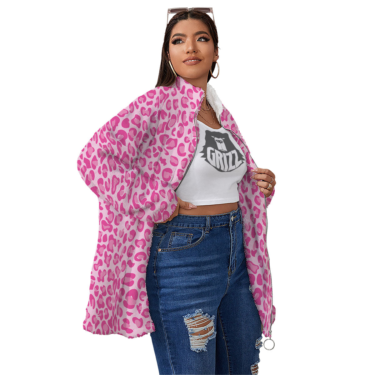 Leopard Pink Print Pattern Women's Sherpa Jacket-grizzshop