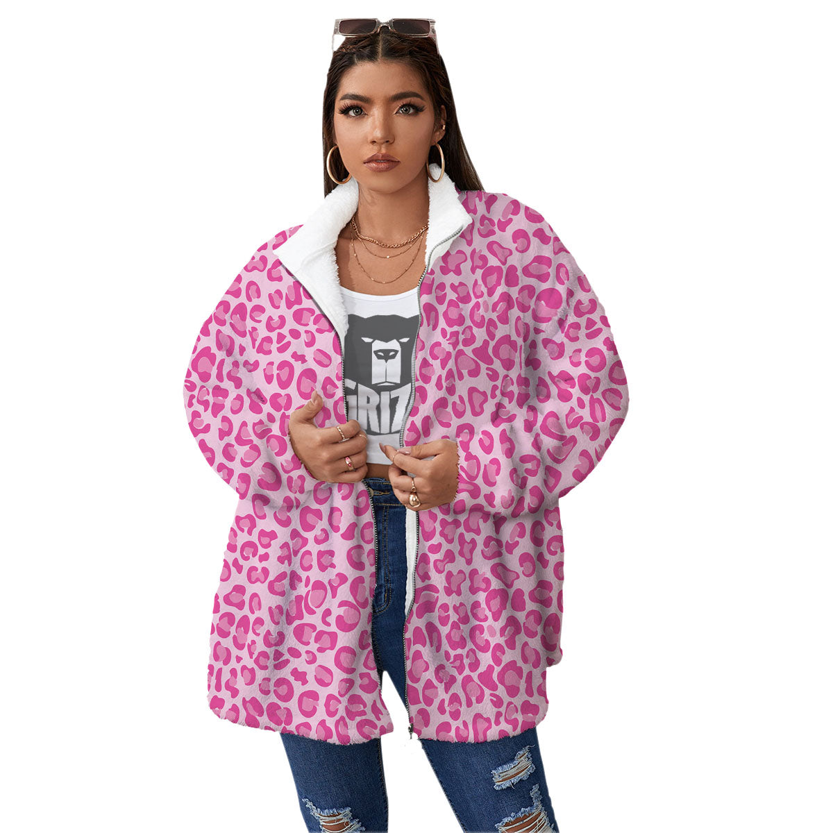 Leopard Pink Print Pattern Women's Sherpa Jacket-grizzshop