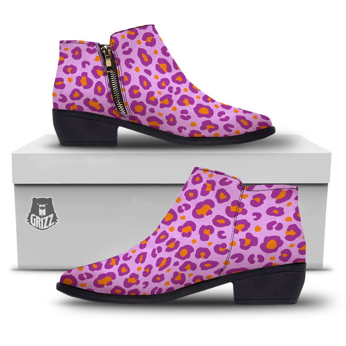 Leopard Purple And Orange Print Ankle Boots-grizzshop