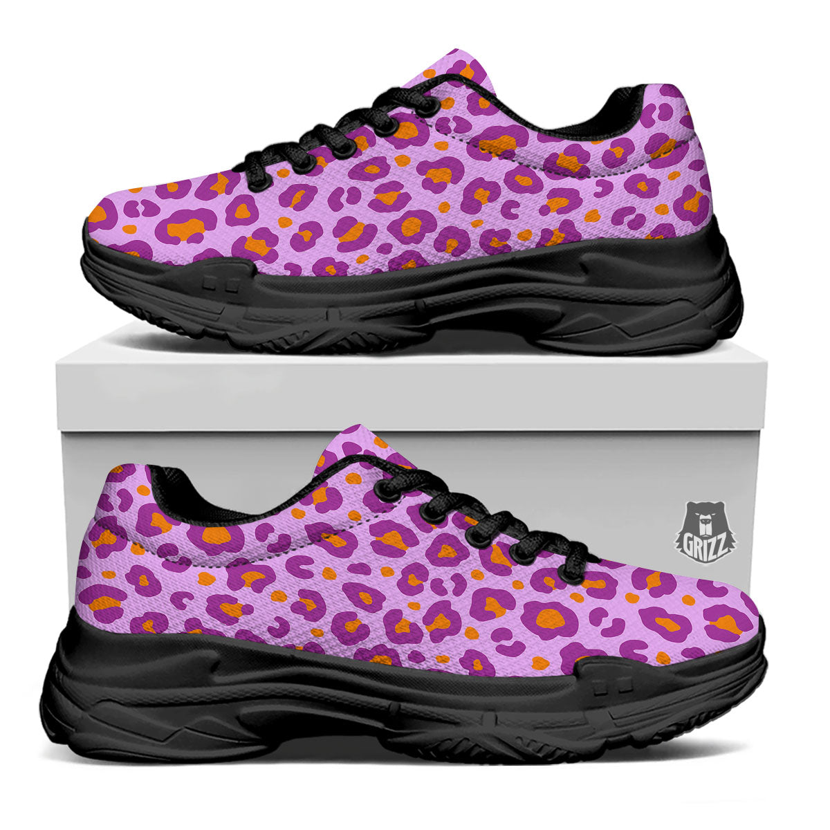 Leopard Purple And Orange Print Black Chunky Shoes-grizzshop