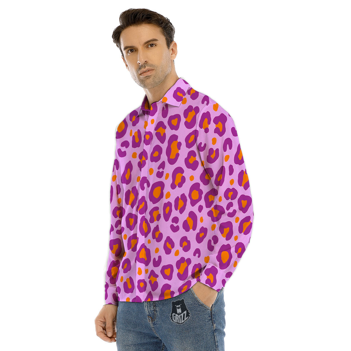 Leopard Purple And Orange Print Men's Dress Shirts-grizzshop