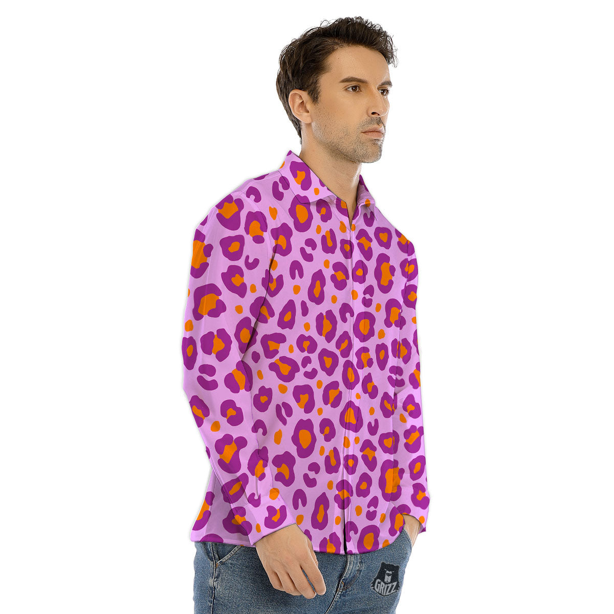 Leopard Purple And Orange Print Men's Dress Shirts-grizzshop