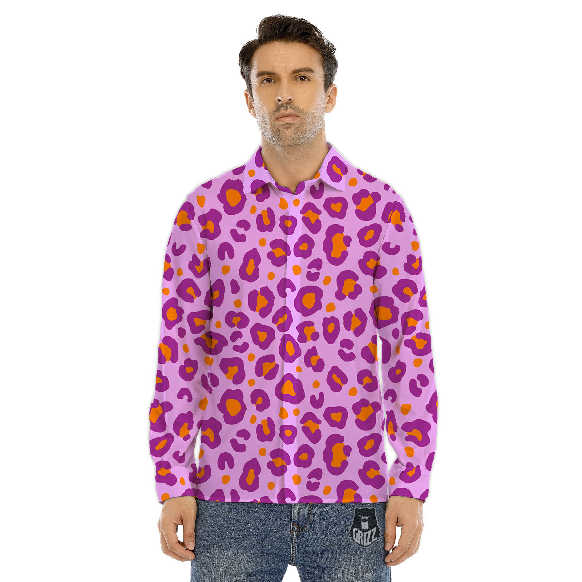Leopard Purple And Orange Print Men's Dress Shirts-grizzshop