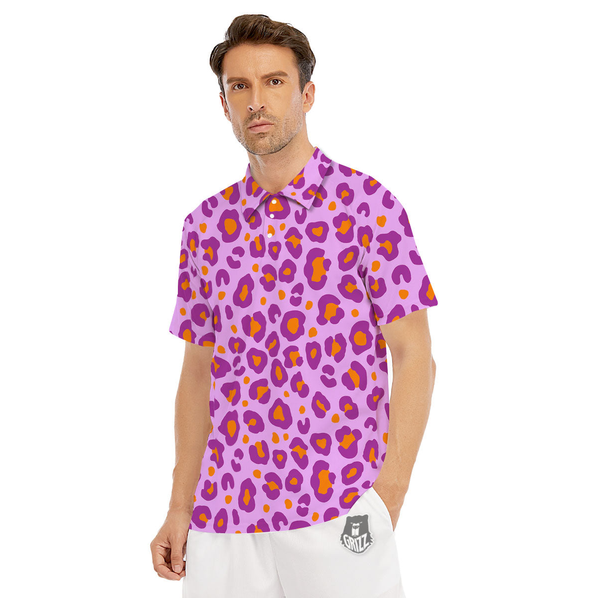 Leopard Purple And Orange Print Men's Golf Shirts-grizzshop