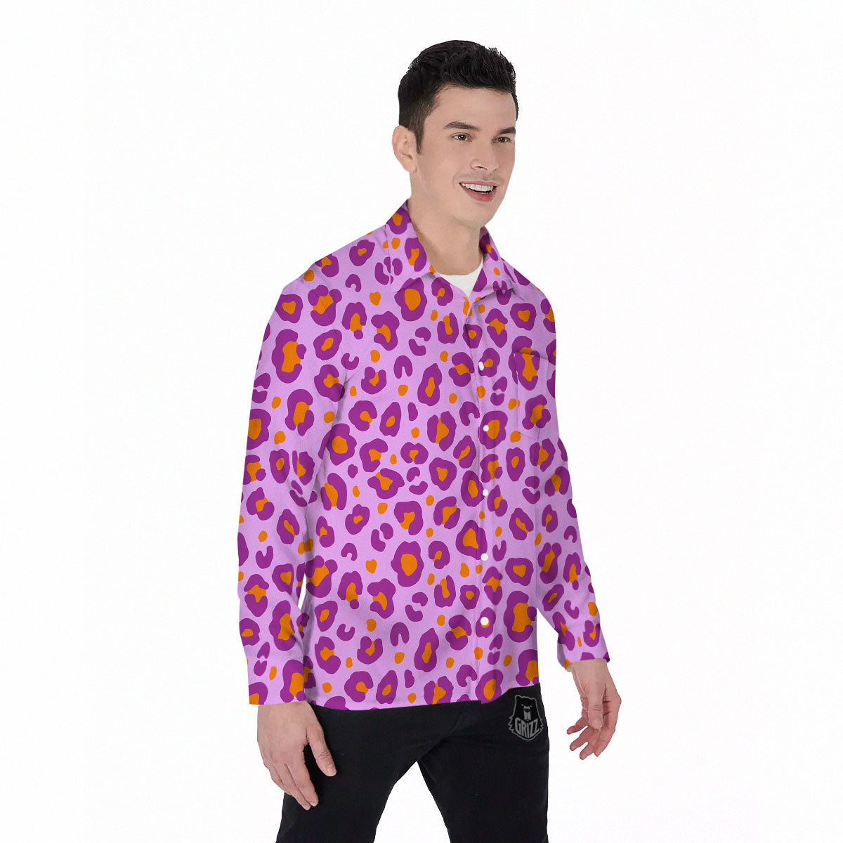Leopard Purple And Orange Print Men's Long Sleeve Shirts-grizzshop