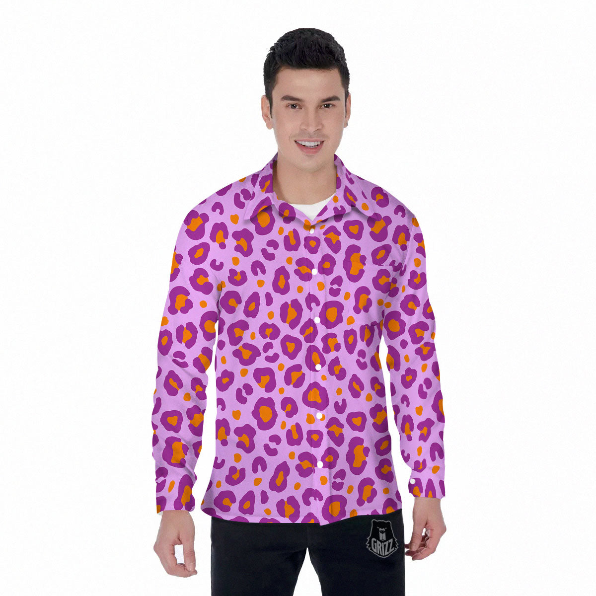 Leopard Purple And Orange Print Men's Long Sleeve Shirts-grizzshop