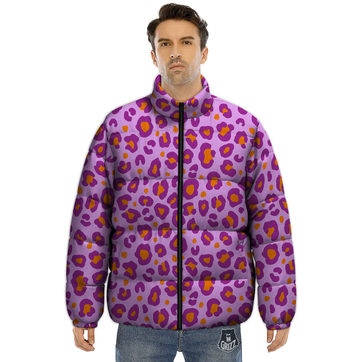 Leopard Purple And Orange Print Puffer Jacket-grizzshop