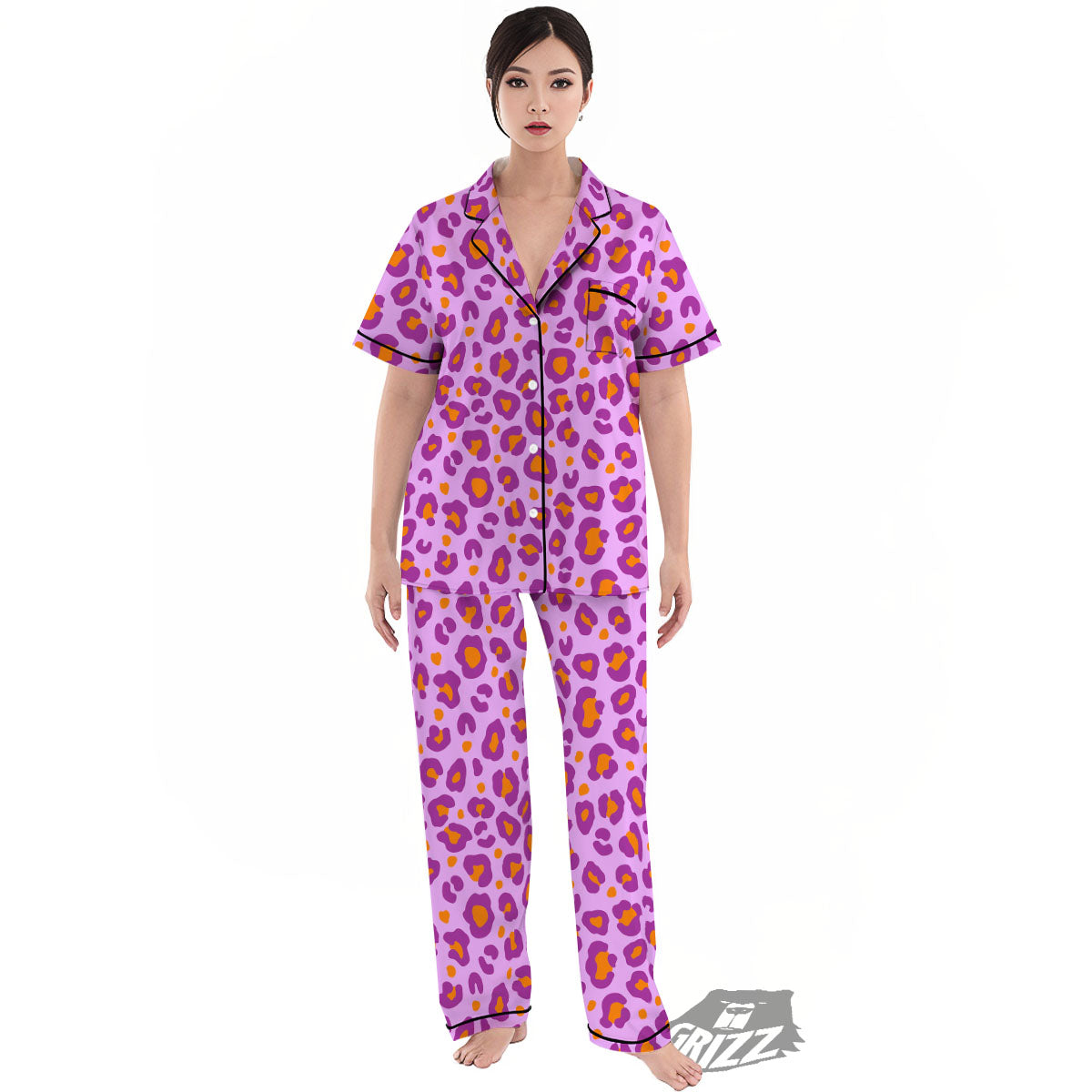 Leopard Purple And Orange Print Women's Pajamas Set-grizzshop