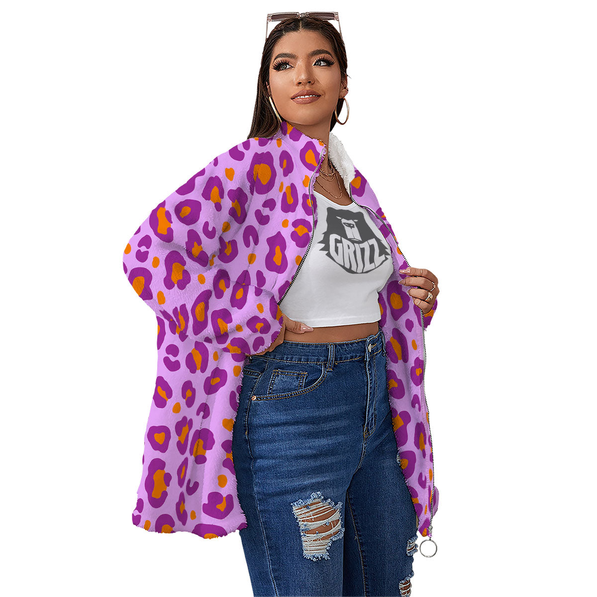 Leopard Purple And Orange Print Women's Sherpa Jacket-grizzshop