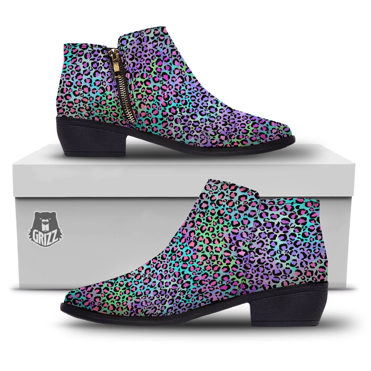 Leopard Rainbow And Purple Print Pattern Ankle Boots-grizzshop