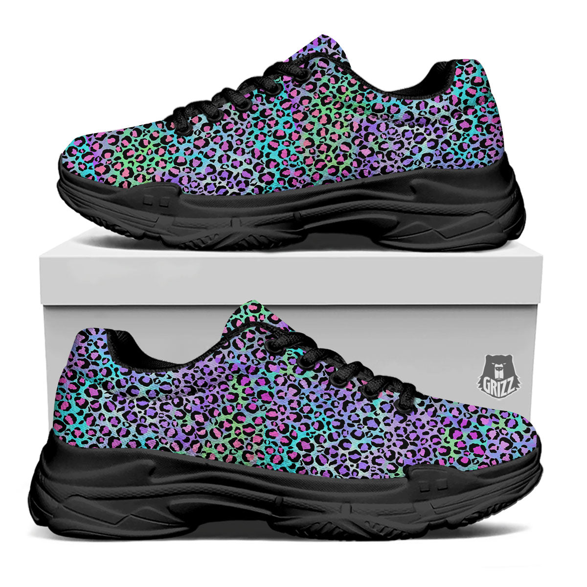 Leopard Rainbow And Purple Print Pattern Black Chunky Shoes-grizzshop