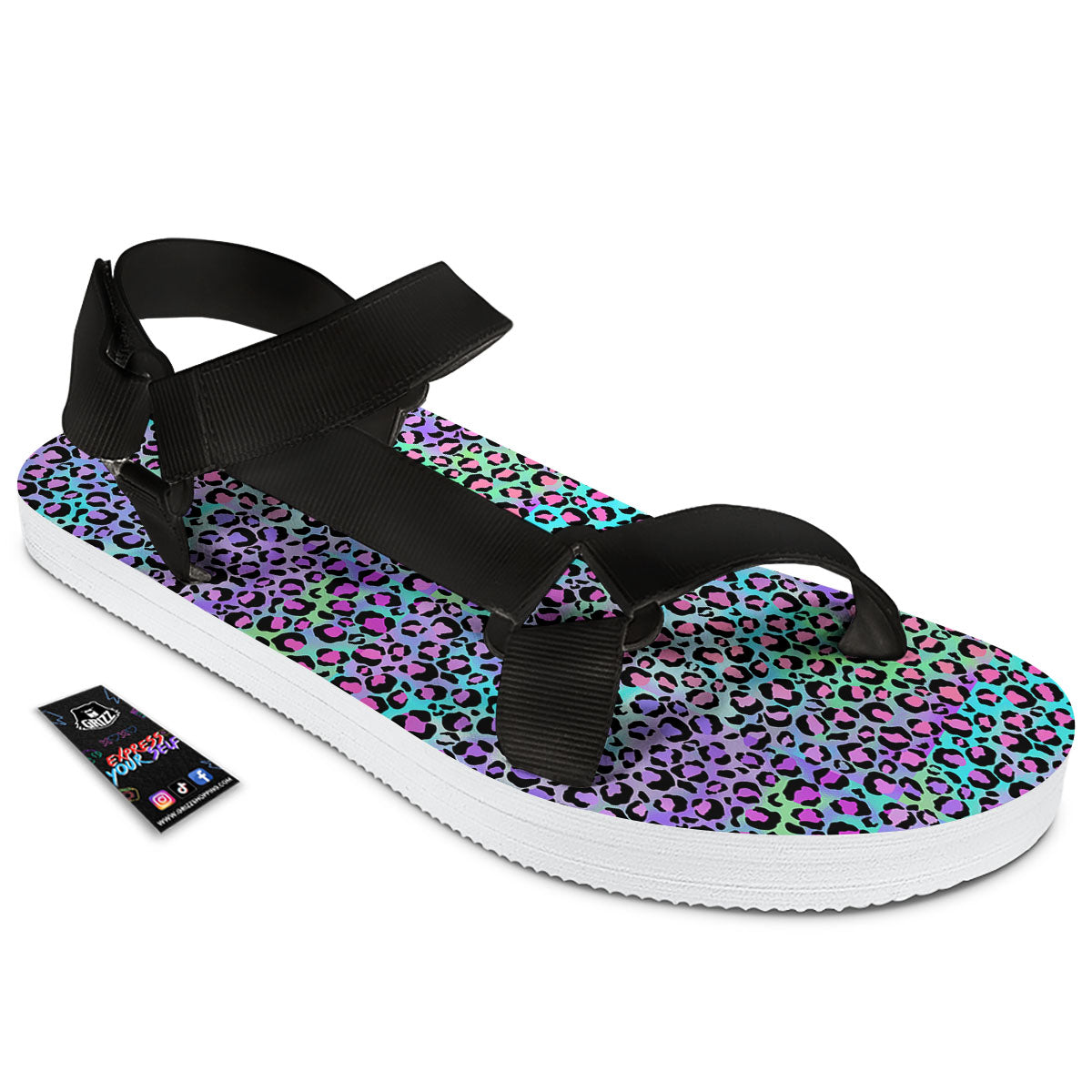 Leopard Rainbow And Purple Print Pattern Black Open Toe Sandals-grizzshop