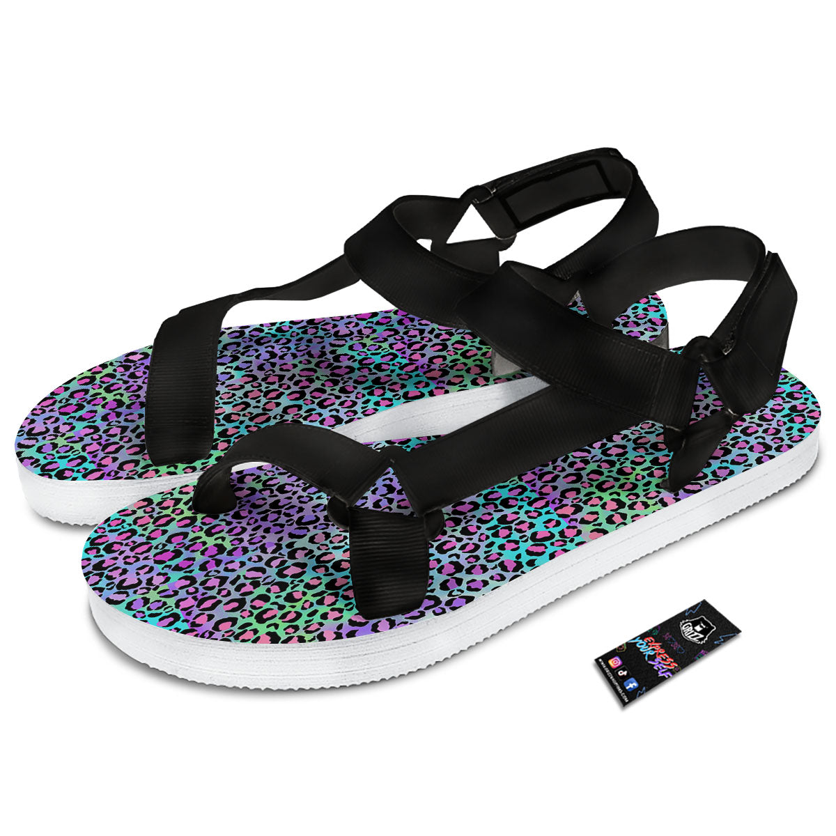 Leopard Rainbow And Purple Print Pattern Black Open Toe Sandals-grizzshop