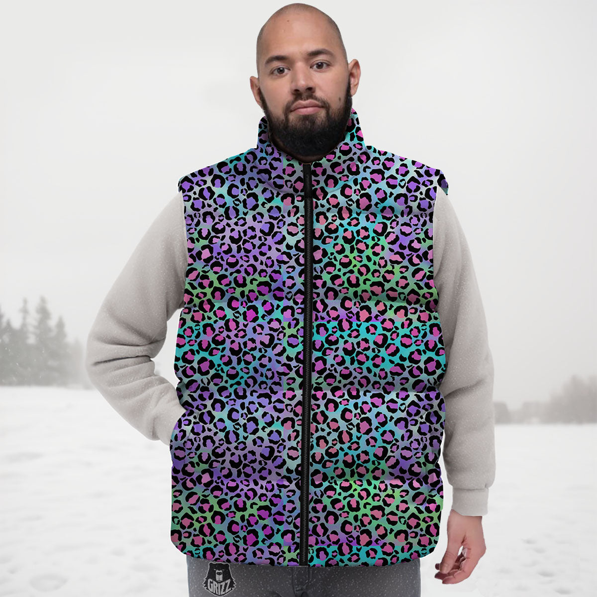 Leopard Rainbow And Purple Print Pattern Down Vest