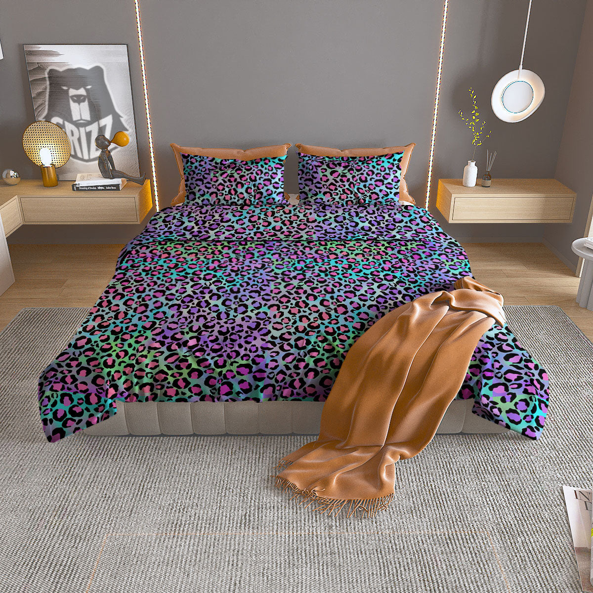 Leopard Yellow And Purple Print Pattern Duvet Cover Bedding Set
