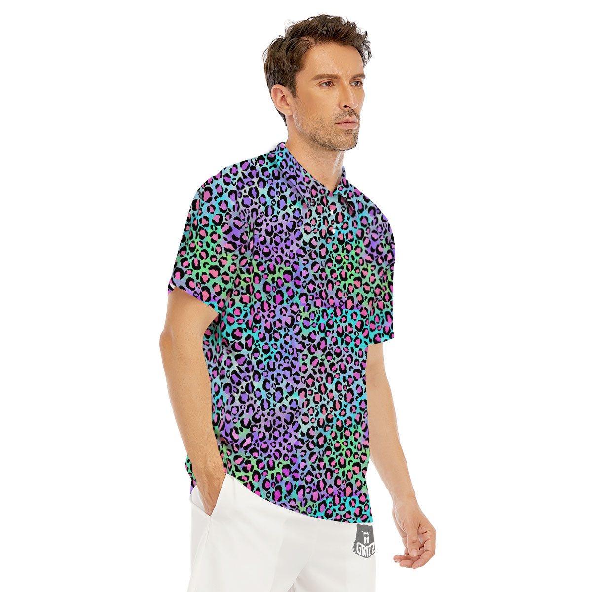 Leopard Rainbow And Purple Print Pattern Men's Golf Shirts-grizzshop
