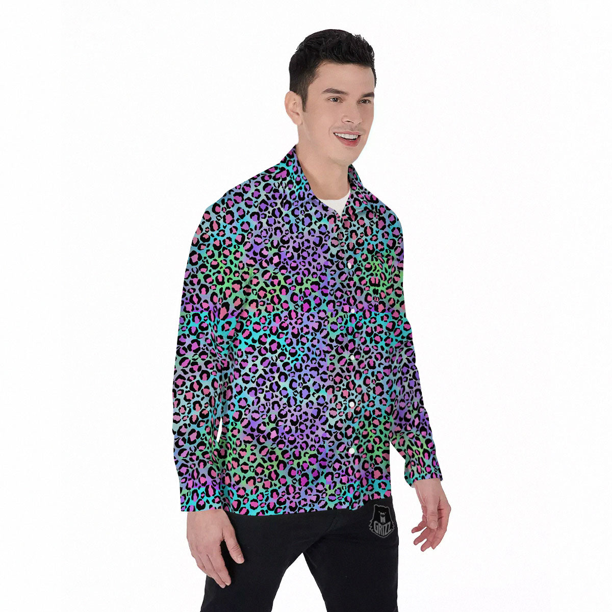 Leopard Rainbow And Purple Print Pattern Men's Long Sleeve Shirts-grizzshop