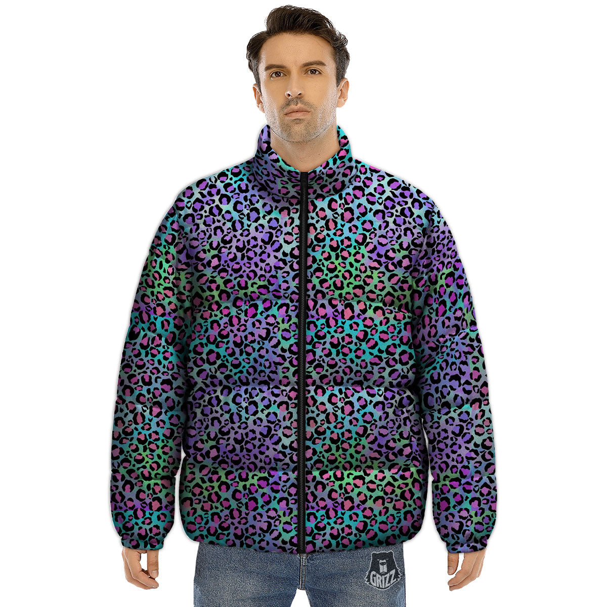 Leopard Rainbow And Purple Print Pattern Puffer Jacket-grizzshop