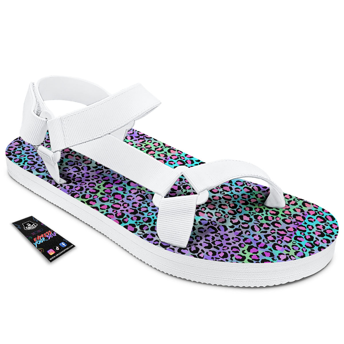 Leopard Rainbow And Purple Print Pattern White Open Toe Sandals-grizzshop