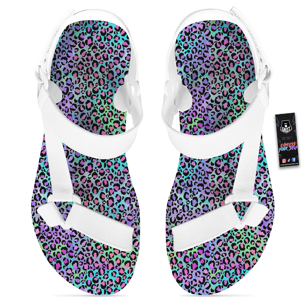 Leopard Rainbow And Purple Print Pattern White Open Toe Sandals-grizzshop