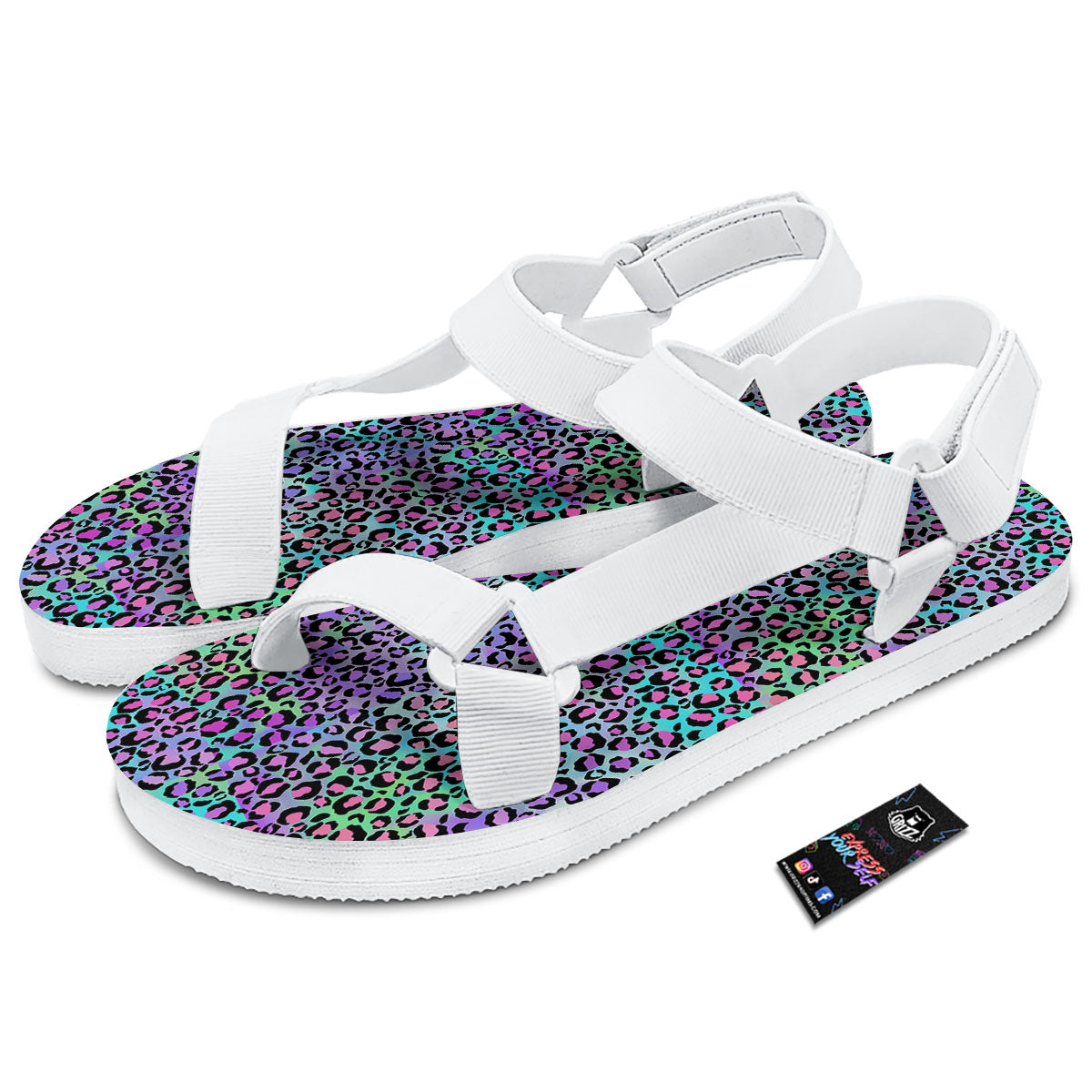Leopard Rainbow And Purple Print Pattern White Open Toe Sandals-grizzshop