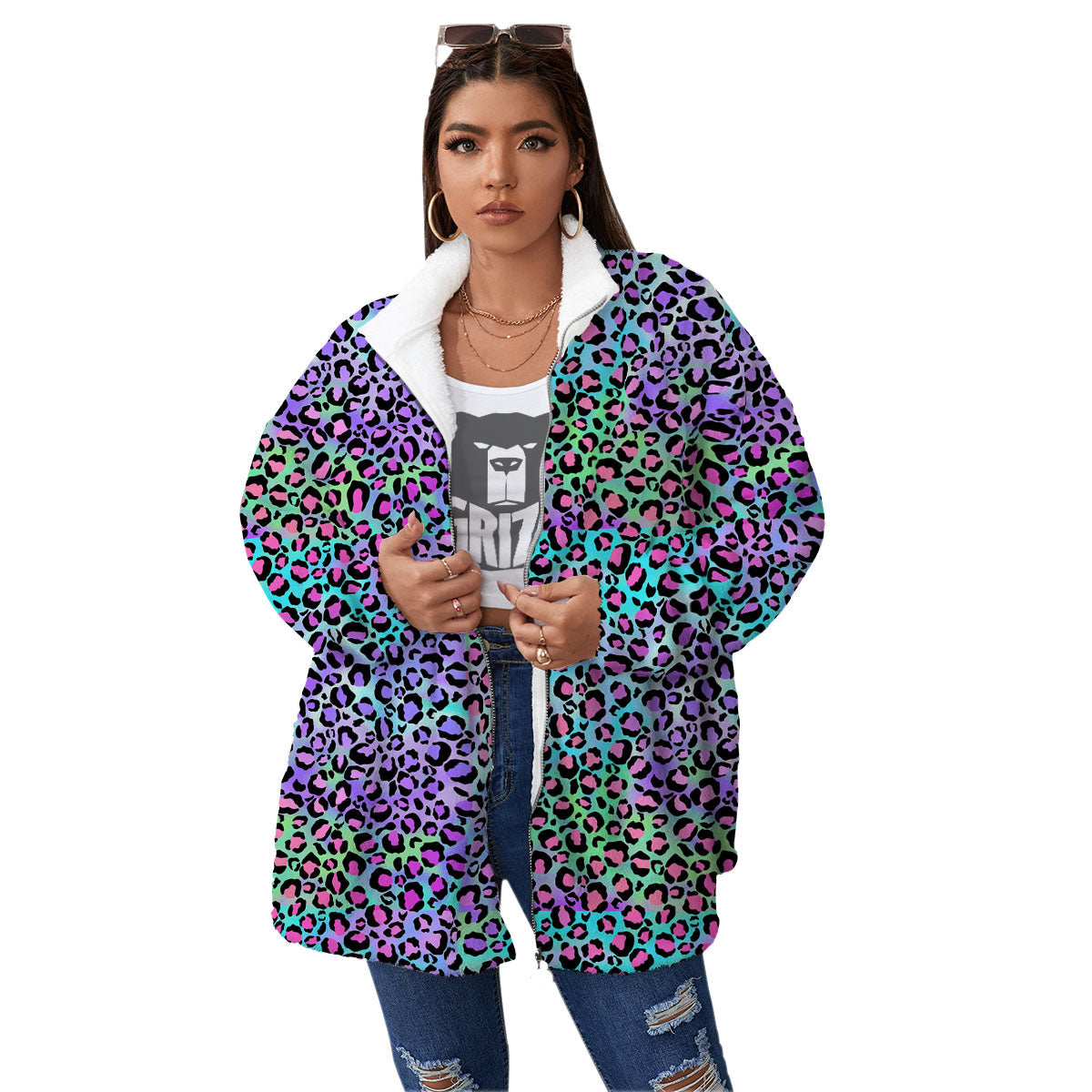 Leopard Rainbow And Purple Print Pattern Women's Sherpa Jacket-grizzshop