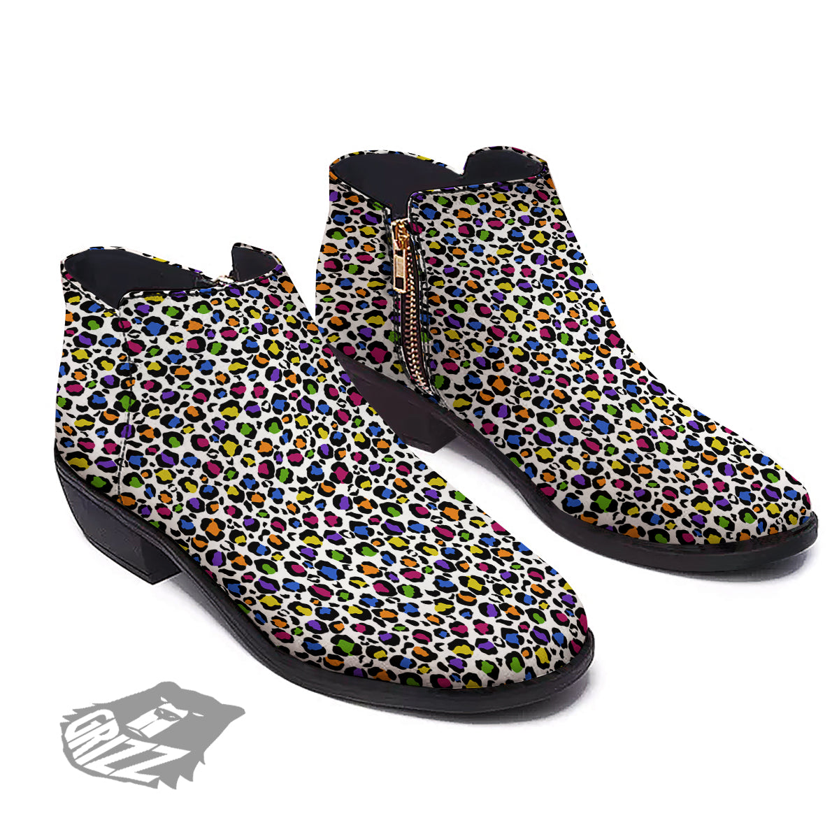 Leopard Rainbow And White Print Pattern Ankle Boots-grizzshop