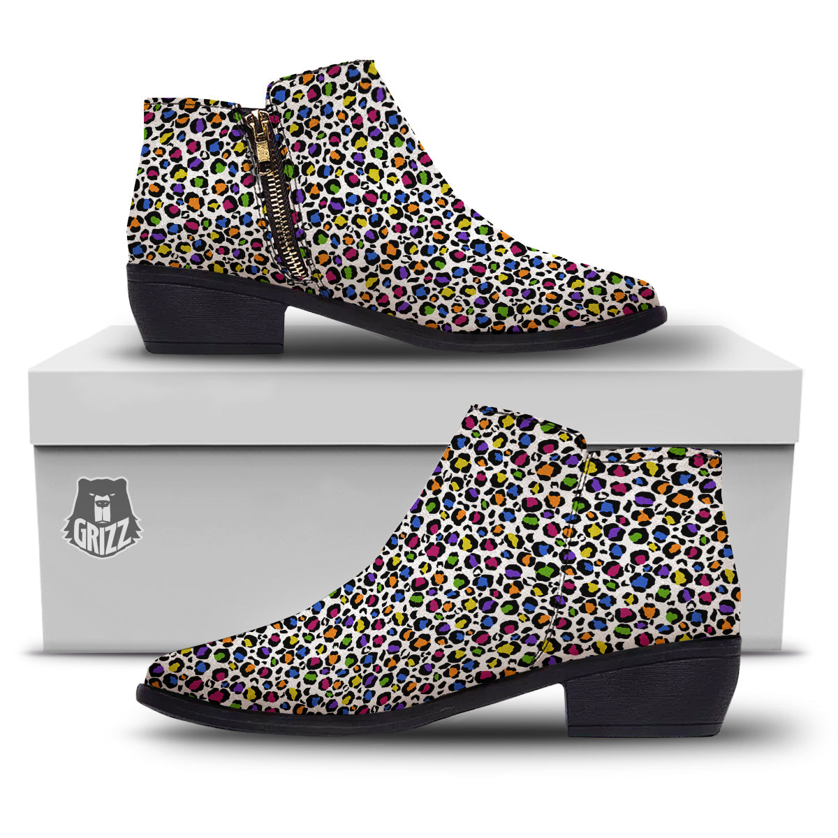 Leopard Rainbow And White Print Pattern Ankle Boots-grizzshop