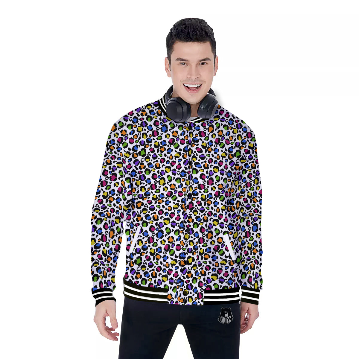 Leopard Rainbow And White Print Pattern Baseball Jacket-grizzshop