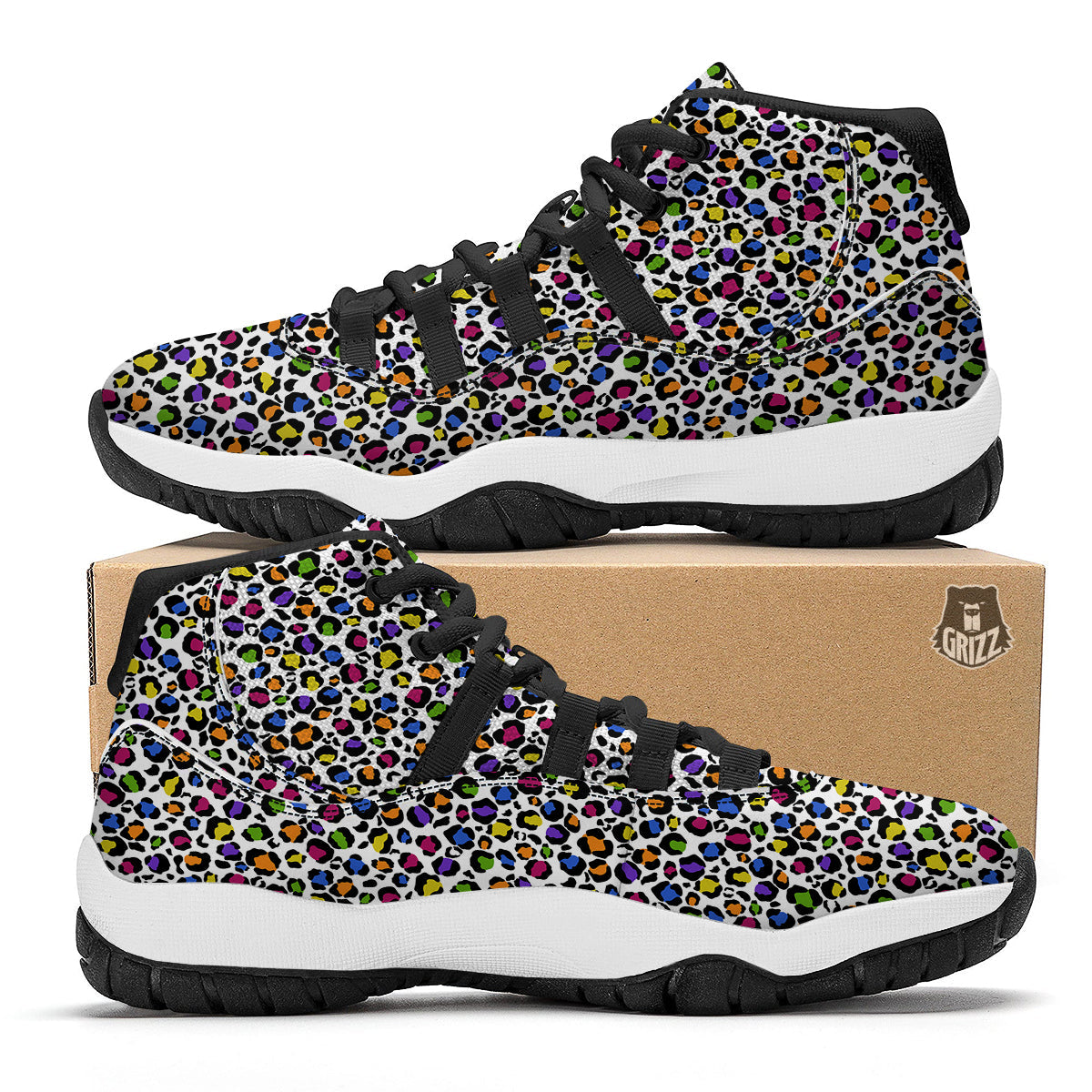 Leopard Rainbow And White Print Pattern Black Bball Shoes-grizzshop