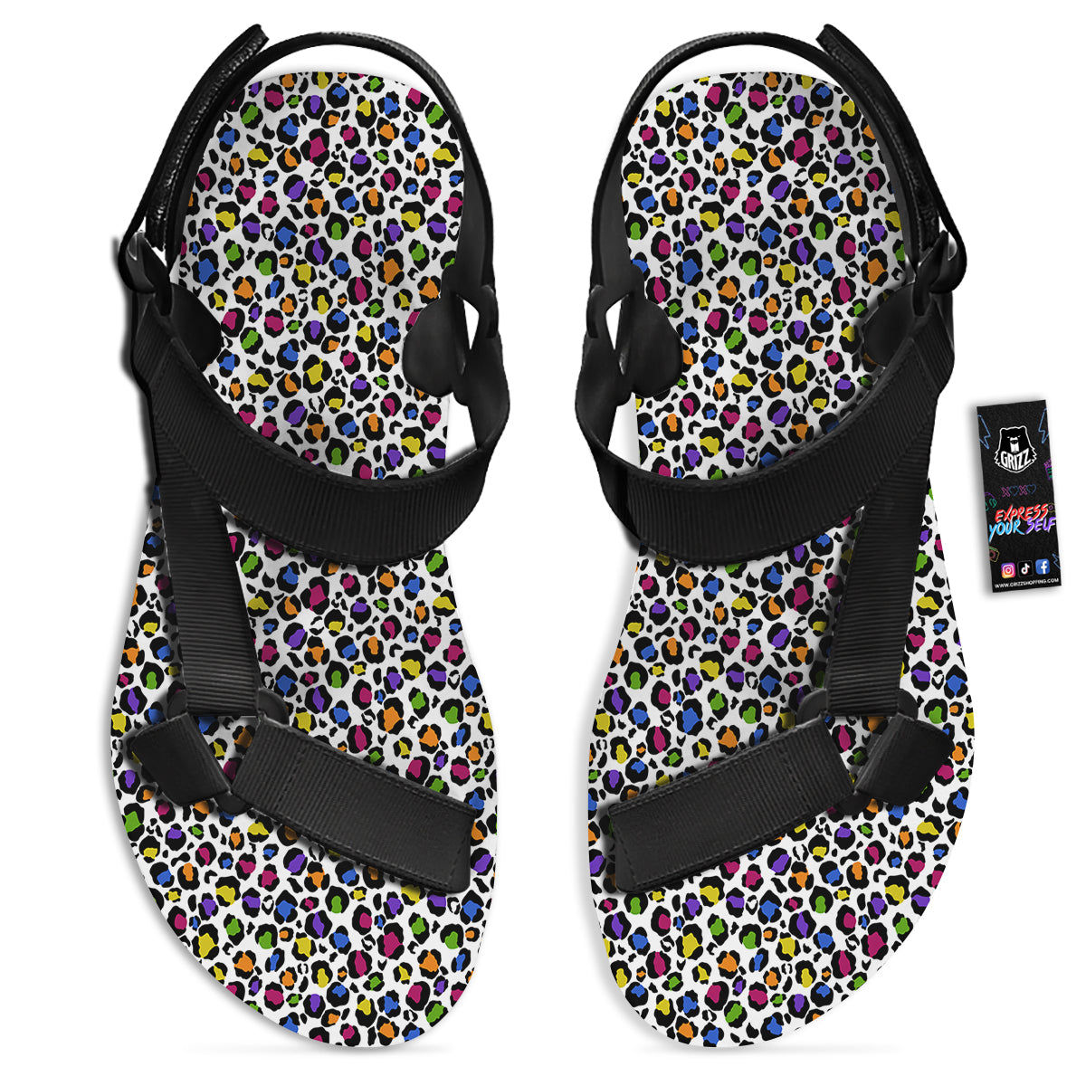 Leopard Rainbow And White Print Pattern Black Open Toe Sandals-grizzshop