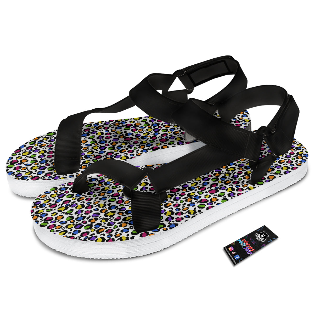 Leopard Rainbow And White Print Pattern Black Open Toe Sandals-grizzshop