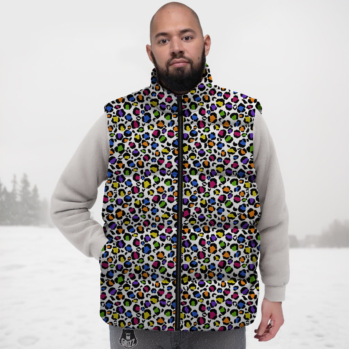 Leopard Rainbow And White Print Pattern Down Vest