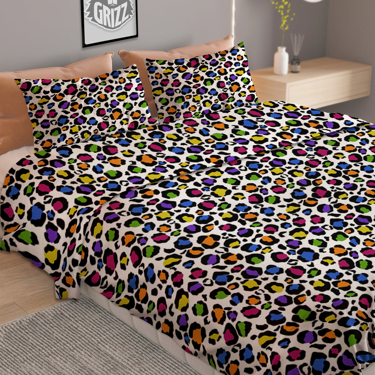 Leopard Rainbow And White Print Pattern Duvet Cover Bedding Set