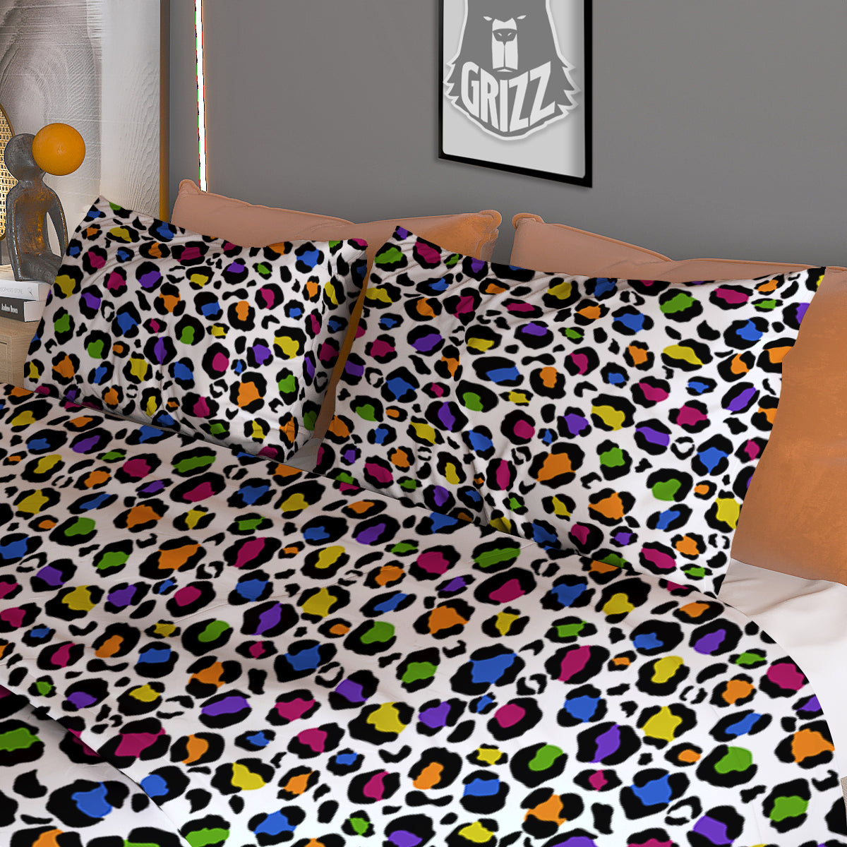 Leopard Rainbow And White Print Pattern Duvet Cover Bedding Set