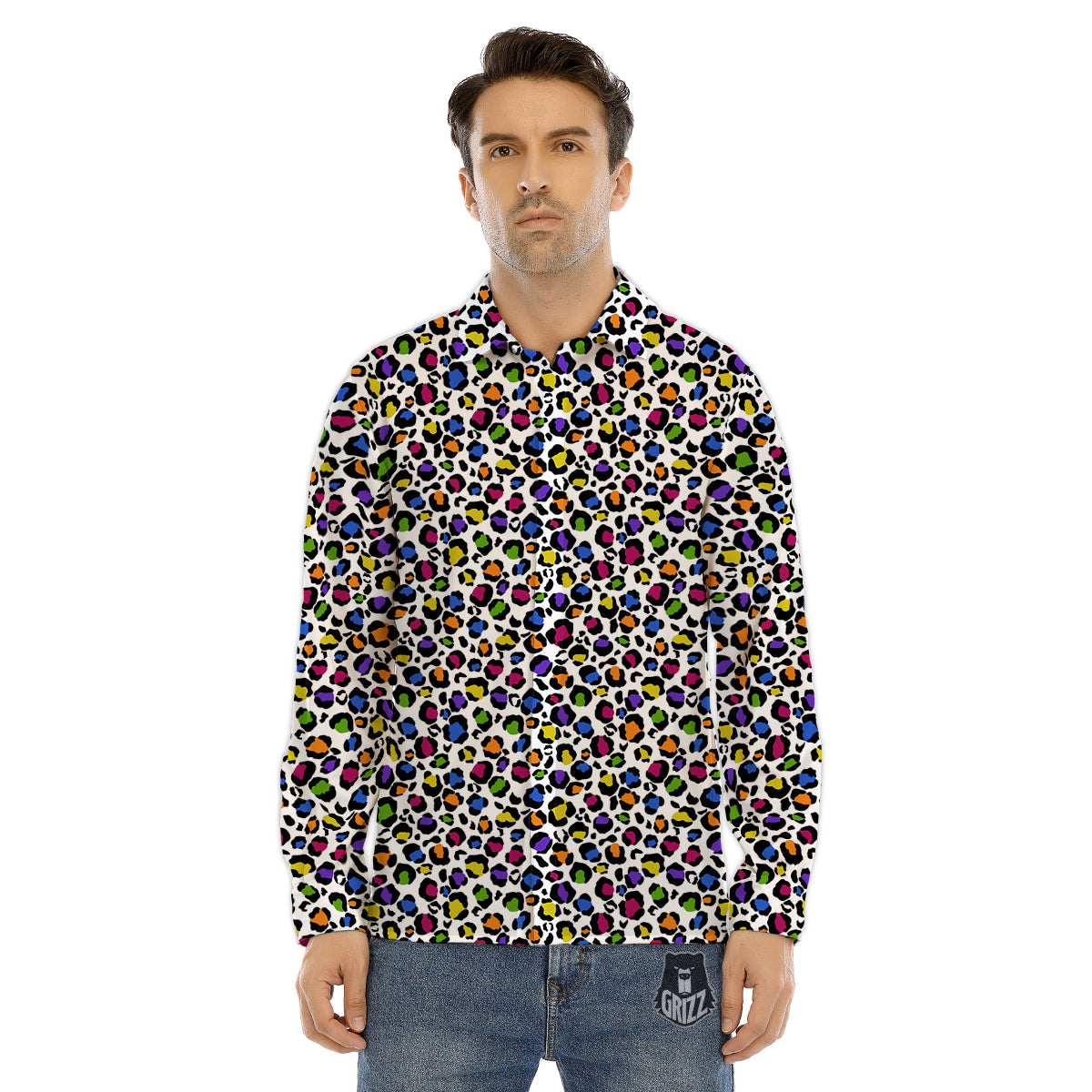 Leopard Rainbow And White Print Pattern Men's Dress Shirts-grizzshop