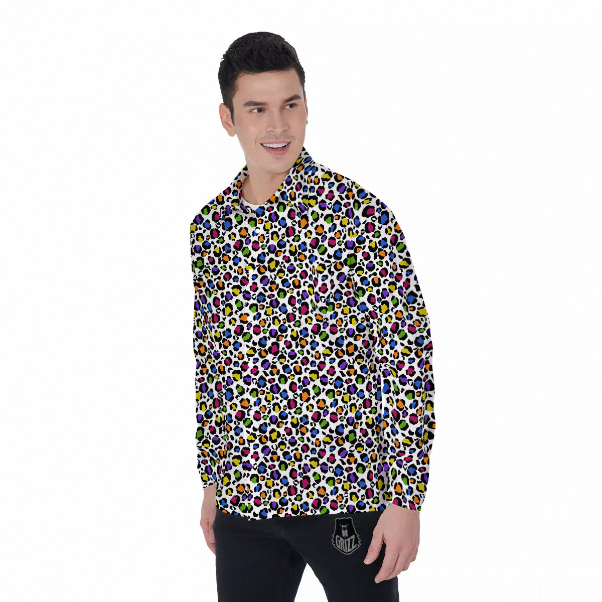 Leopard Rainbow And White Print Pattern Men's Long Sleeve Shirts-grizzshop