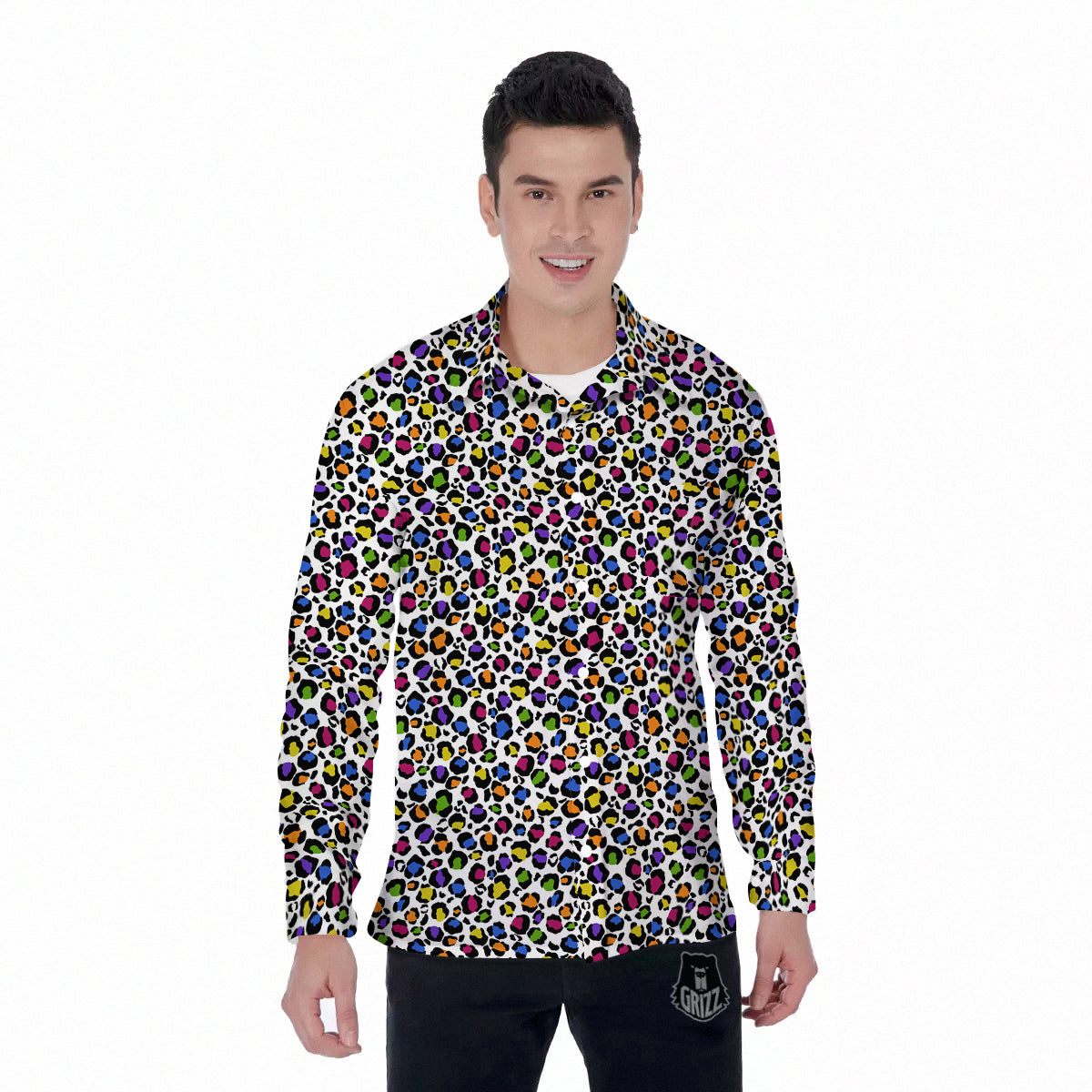 Leopard Rainbow And White Print Pattern Men's Long Sleeve Shirts-grizzshop