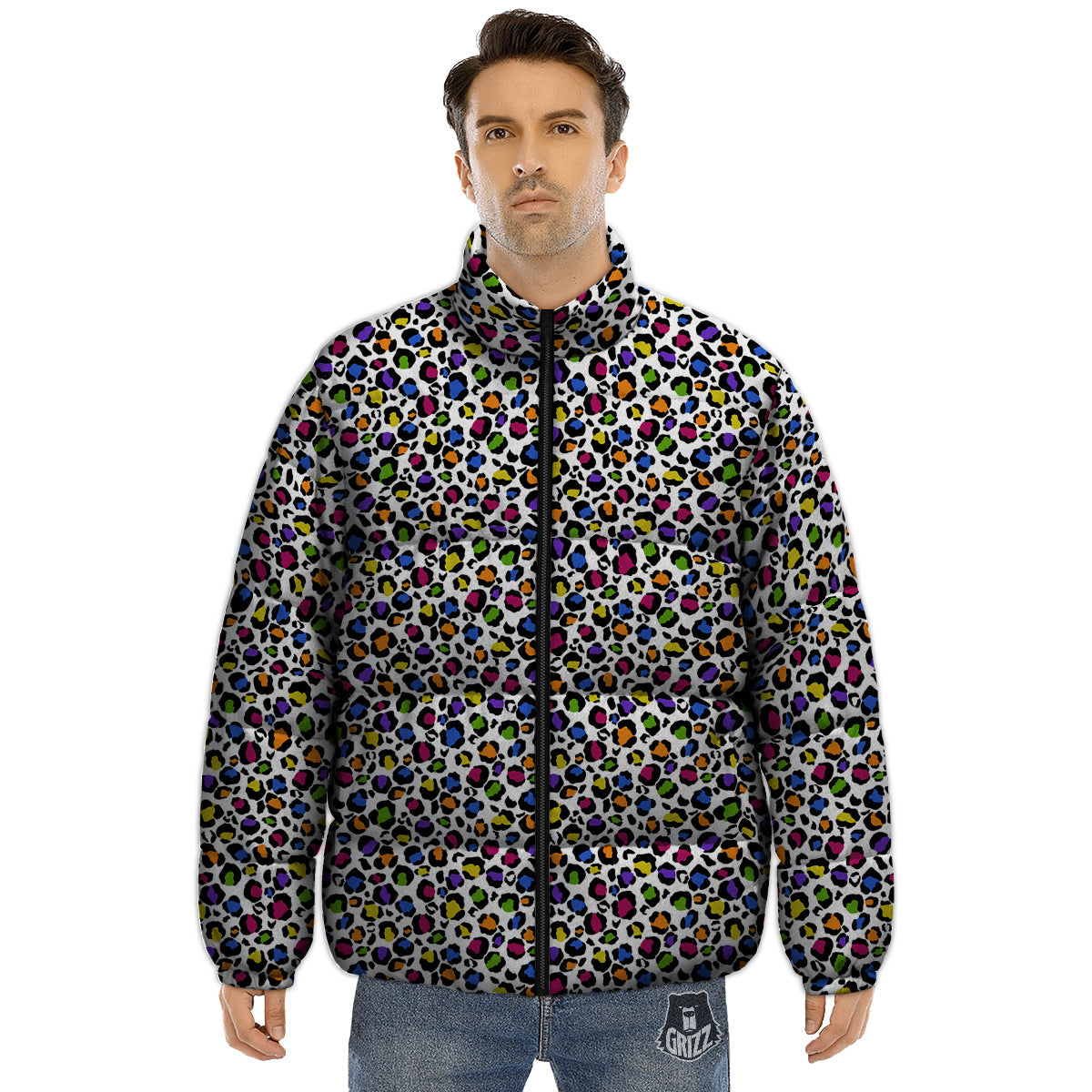 Leopard Rainbow And White Print Pattern Puffer Jacket-grizzshop
