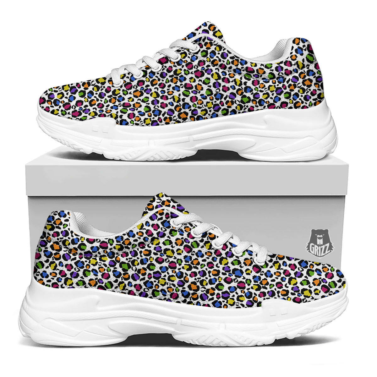 Leopard Rainbow And White Print Pattern White Chunky Shoes-grizzshop