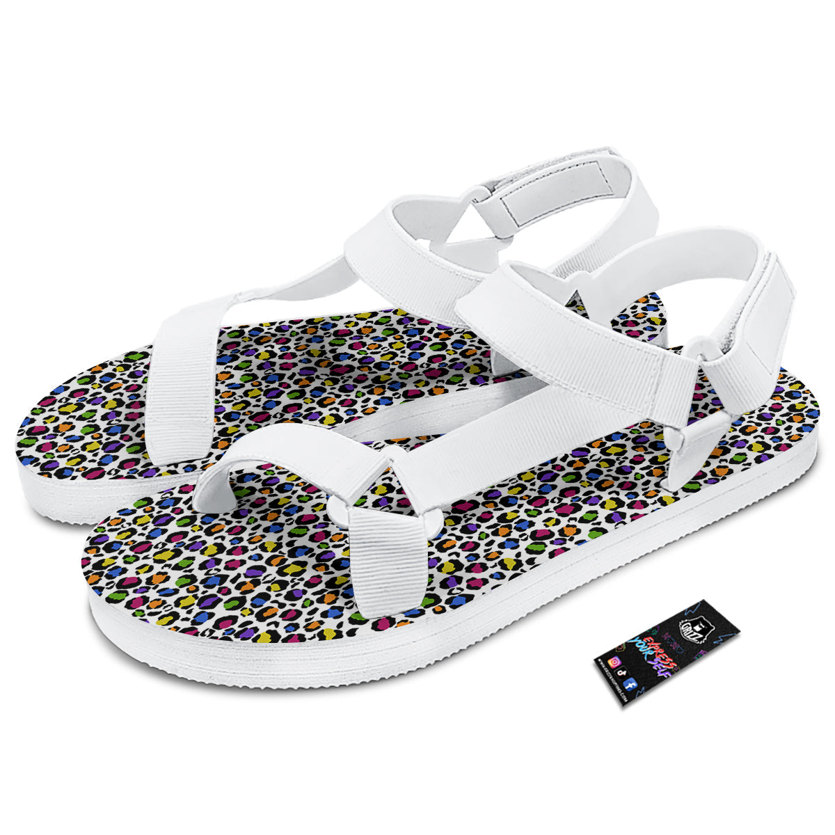 Leopard Rainbow And White Print Pattern White Open Toe Sandals-grizzshop