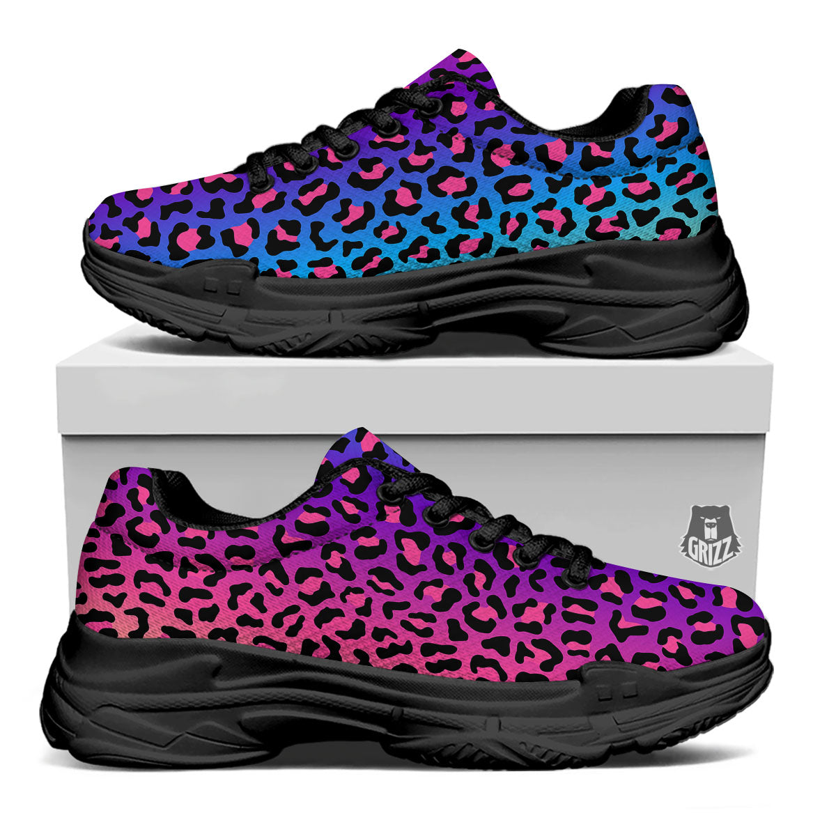 Leopard Rainbow Print Black Chunky Shoes-grizzshop