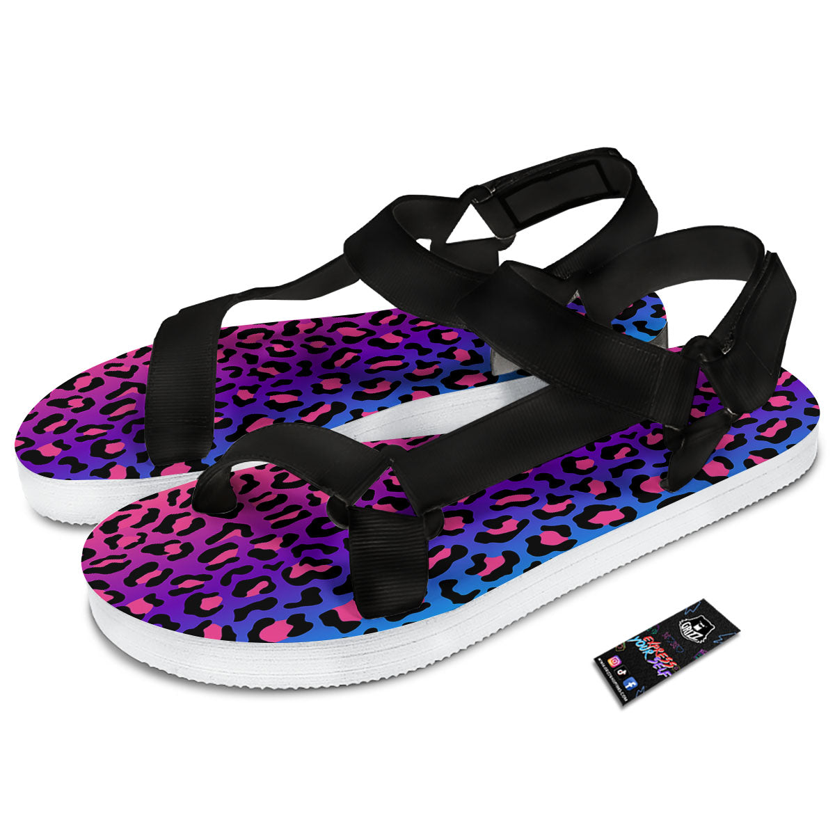 Leopard Rainbow Print Black Open Toe Sandals-grizzshop