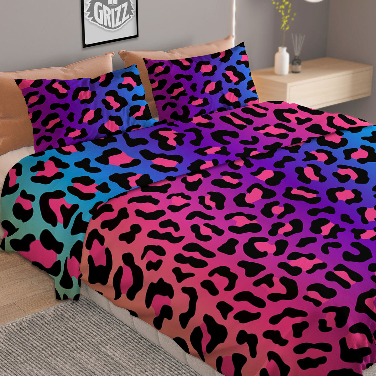 Leopard Yellow And Teal Print Pattern Duvet Cover Bedding Set