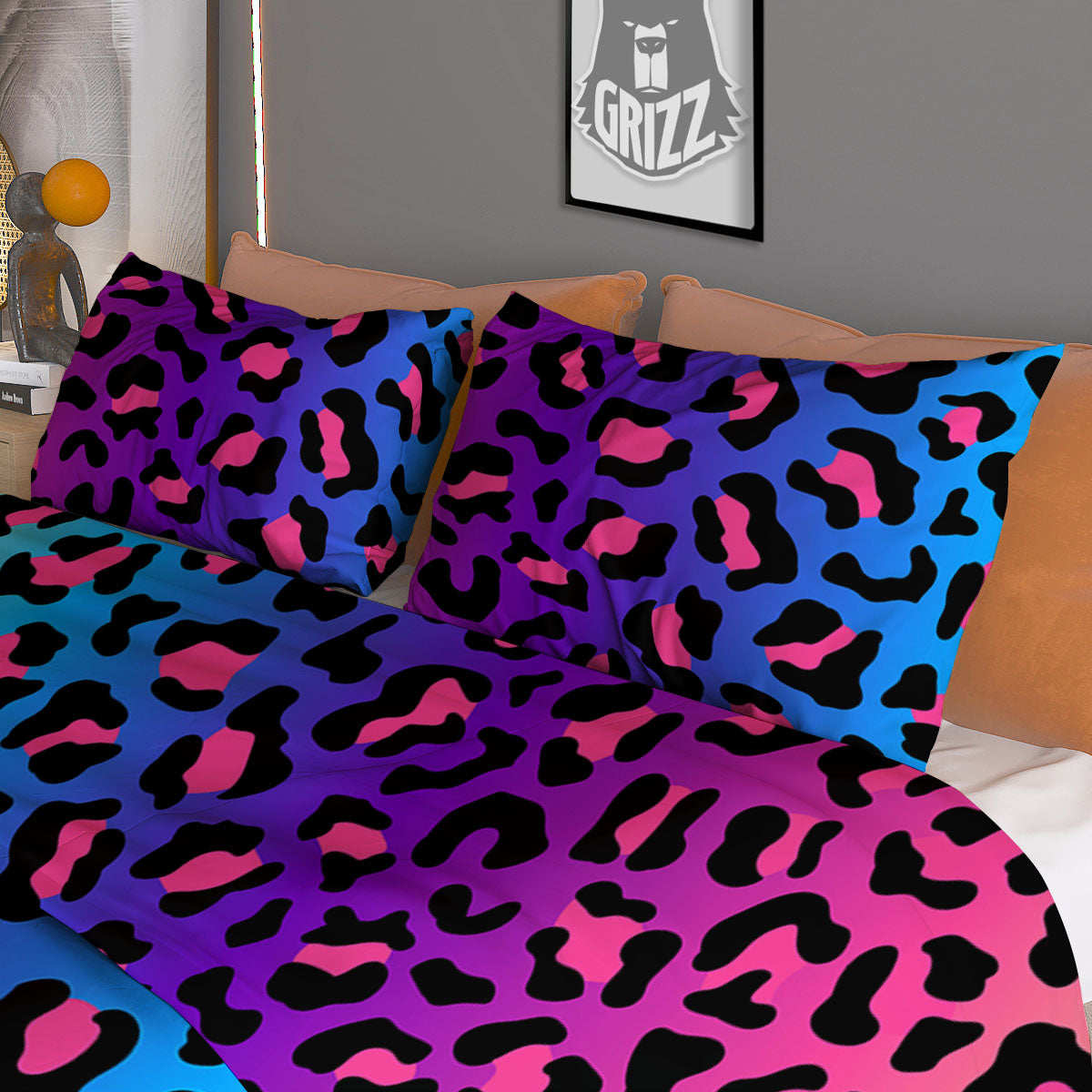 Leopard Yellow And Teal Print Pattern Duvet Cover Bedding Set