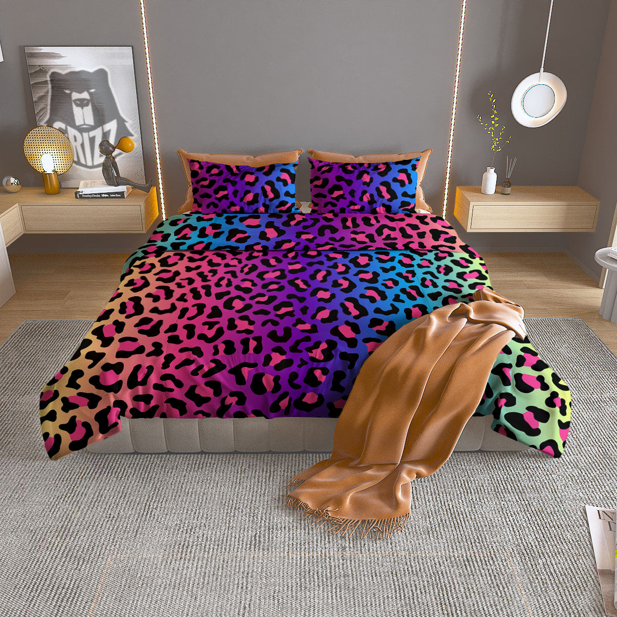 Leopard Yellow And Teal Print Pattern Duvet Cover Bedding Set