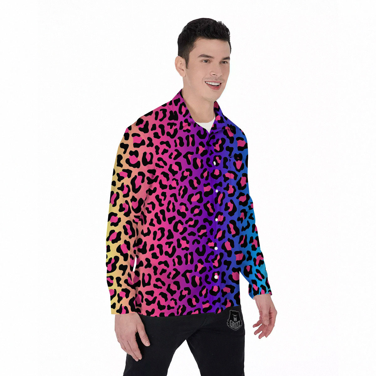 Leopard Rainbow Print Men's Long Sleeve Shirts-grizzshop