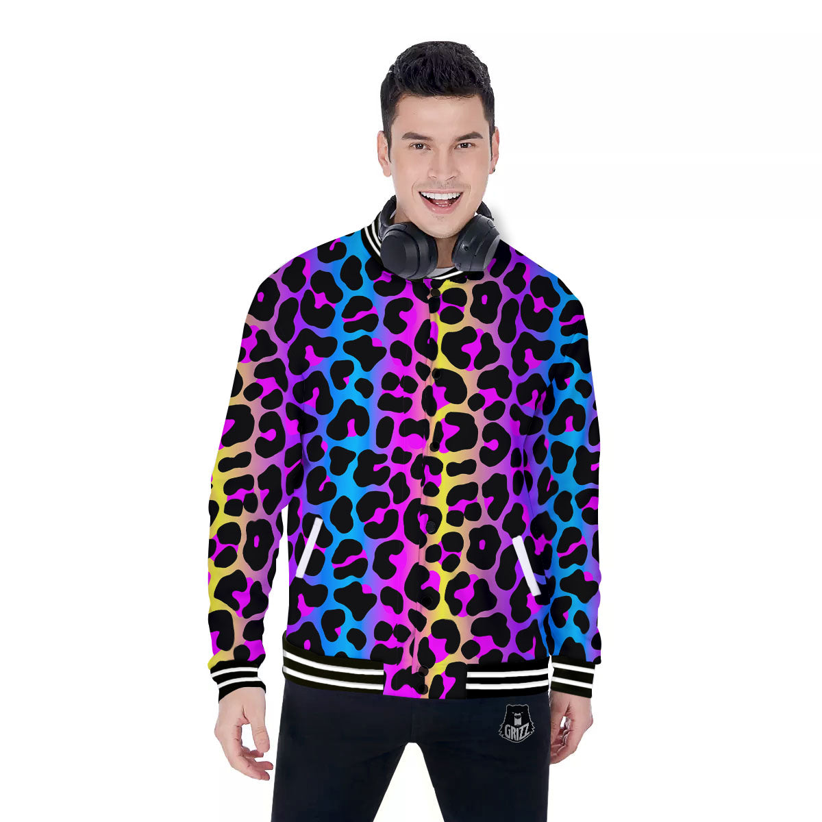 Leopard Rainbow Print Pattern Baseball Jacket-grizzshop