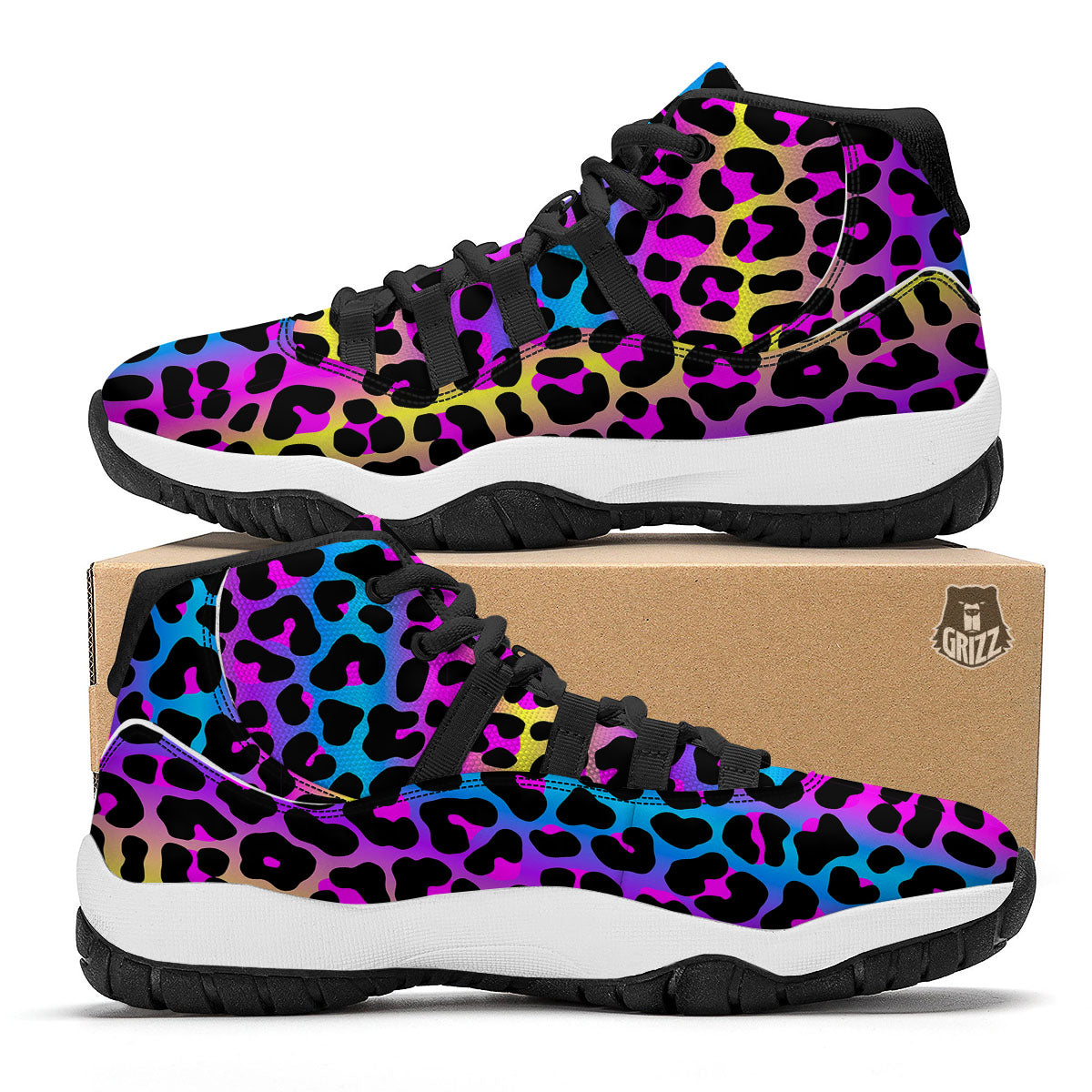 Leopard Rainbow Print Pattern Black Bball Shoes-grizzshop